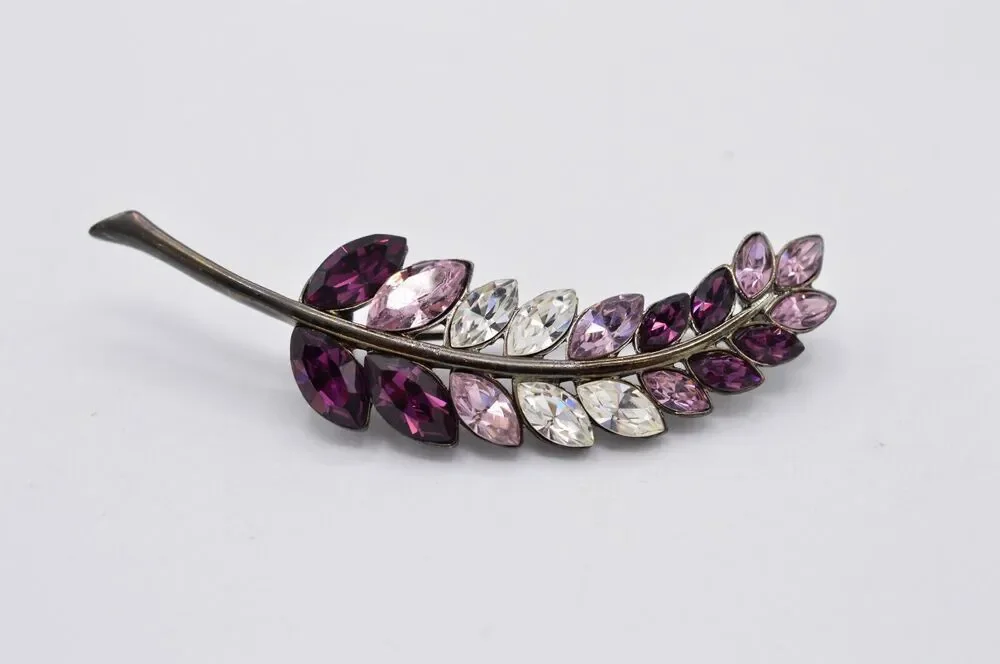 Givenchy Vintage Leaf Pin Brooch Purple Crystal Rhinestone Signed 1980s Bin8